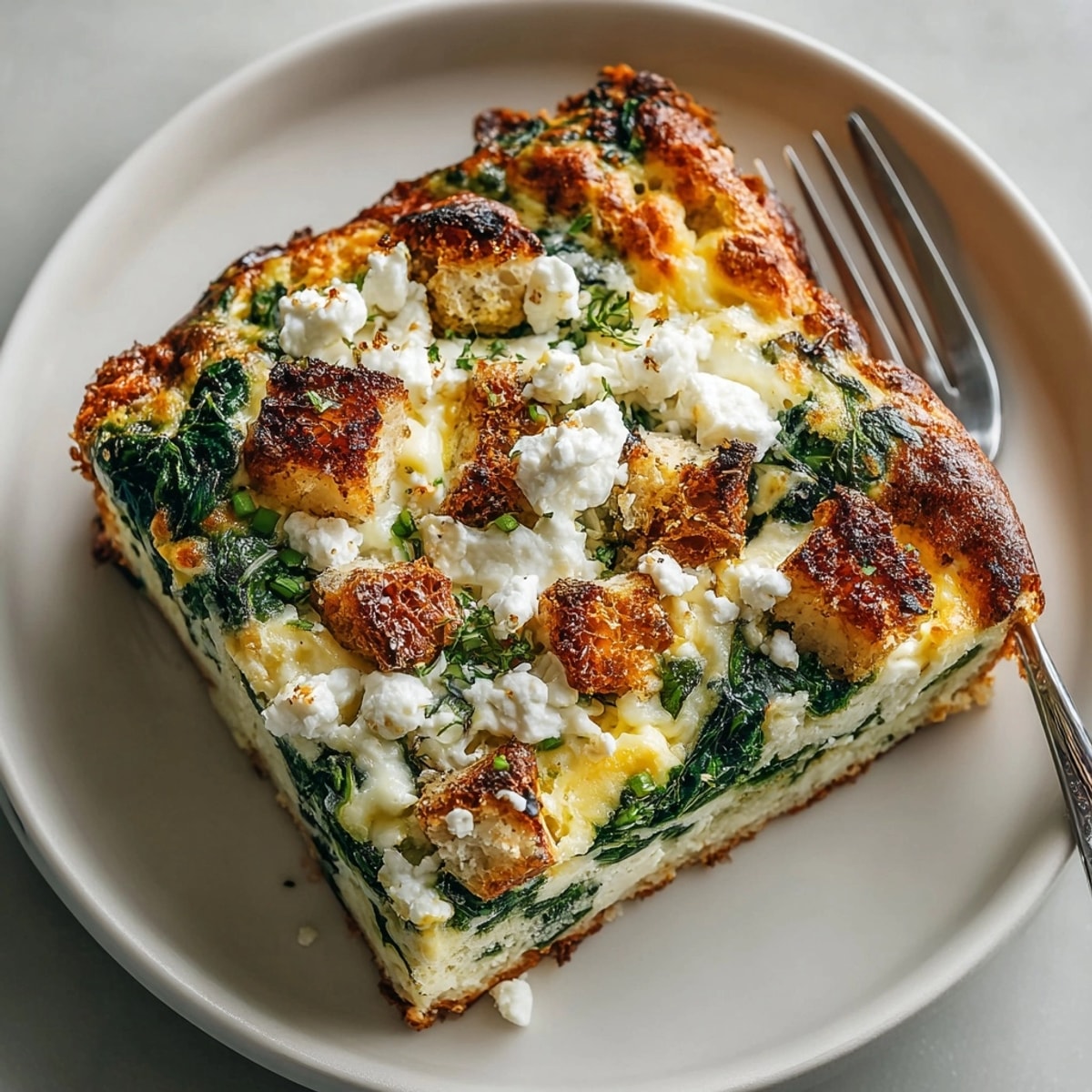 Baked Breakfast Casserole with Spinach and Feta garnished with herbs, ready for brunch.
