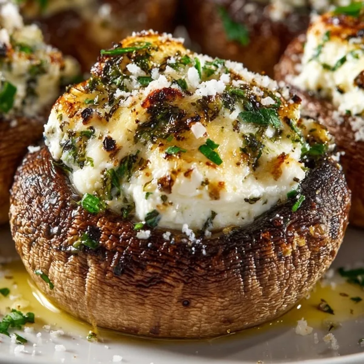 Stuffed cheese mushroom caps baked golden brown, creamy filling melting inside savory mushrooms.
