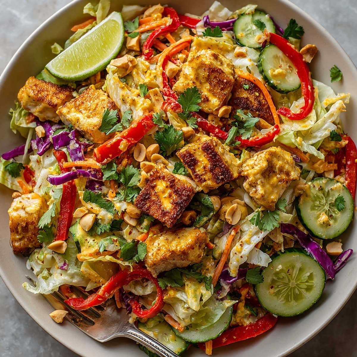 Colorful bowl of Thai Curry Chicken Salad with fresh veggies, creamy dressing, and peanut garnish