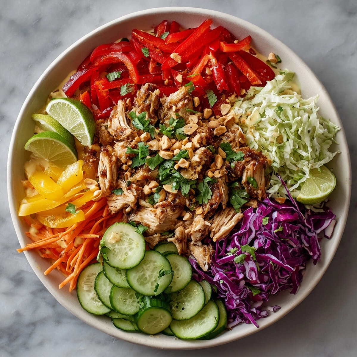 Closeup of Thai Curry Chicken Salad tossed in zesty curry dressing, topped with cilantro and peanuts