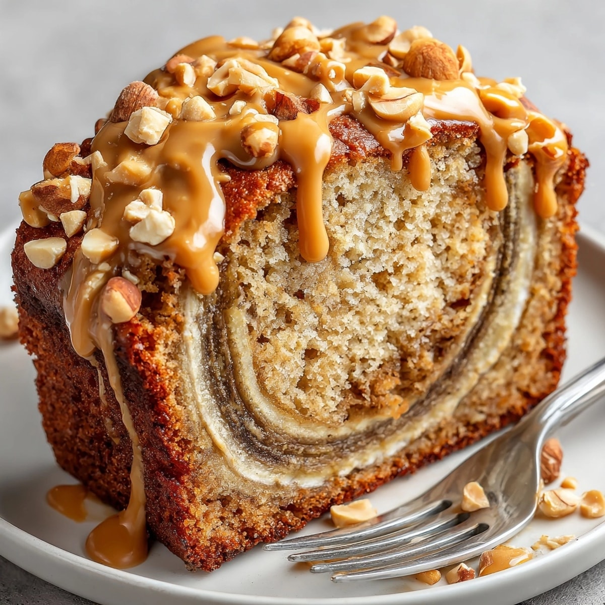 Freshly baked peanut butter banana bread sliced on a wooden board, showcasing its moist crumb and golden crust.