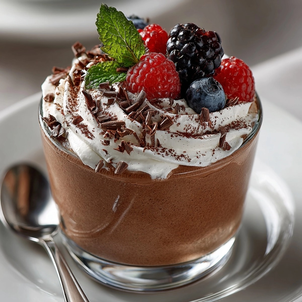 Ricotta Chocolate Mousse served in glass cups, topped with fresh berries and chocolate shavings.