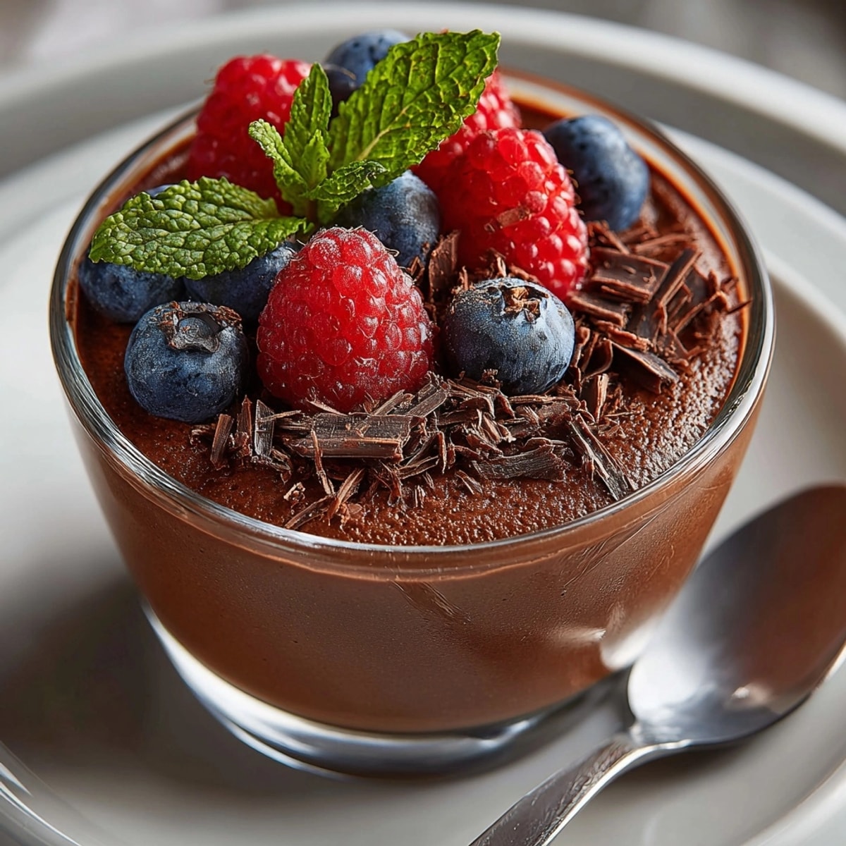 Silky ricotta chocolate mousse dessert with a creamy texture, garnished with mint leaves.