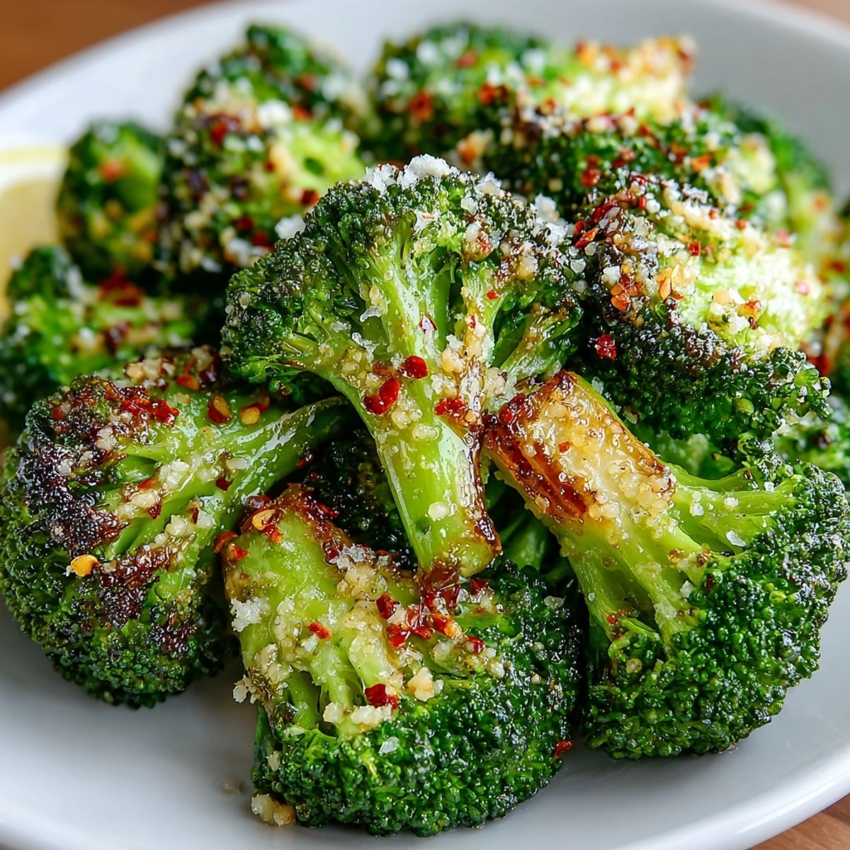Crispy Garlic Air Fryer Broccoli with golden edges and parmesan served on a white plate.