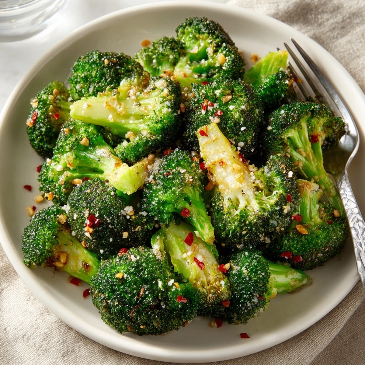 Close-up of crunchy air fryer broccoli florets tossed with garlic and a lemon wedge garnish.