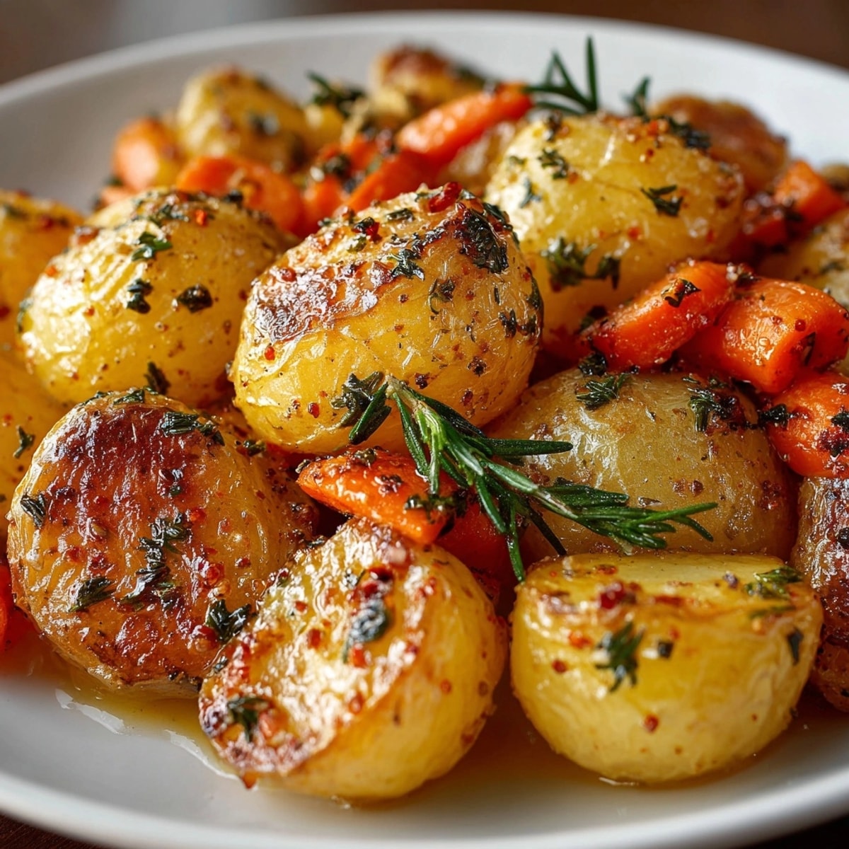 Golden roasted potatoes and carrots with crispy edges, dusted with rosemary and thyme