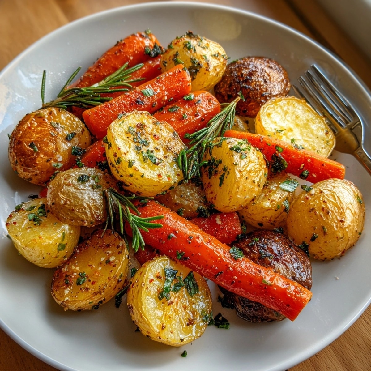 Oven-roasted potatoes and carrots recipe garnished with herbs, perfect for a cozy dinner side