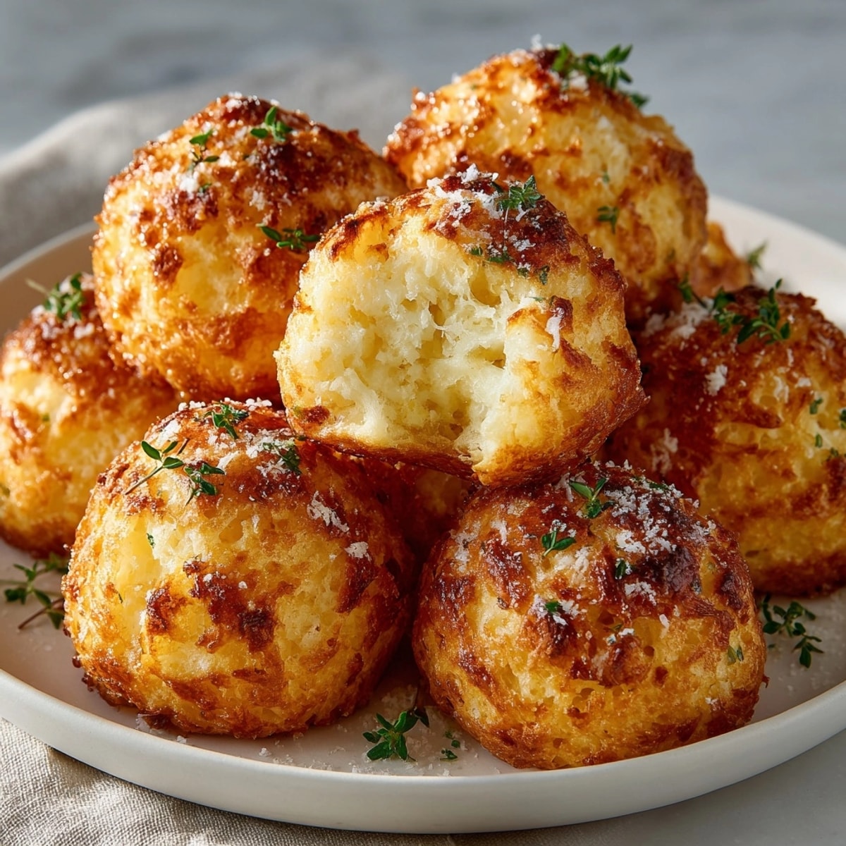 Golden-brown cheese puffs stacked on a tray, their fluffy centers bursting with melted cheese.