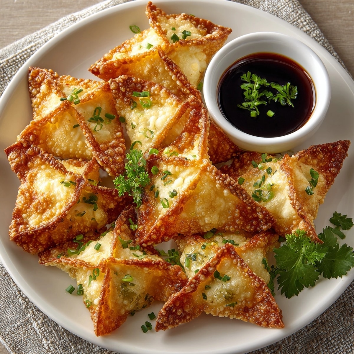 Homemade Crab Rangoon piled high, cheese and crab mixture peeking through crunchy shells.