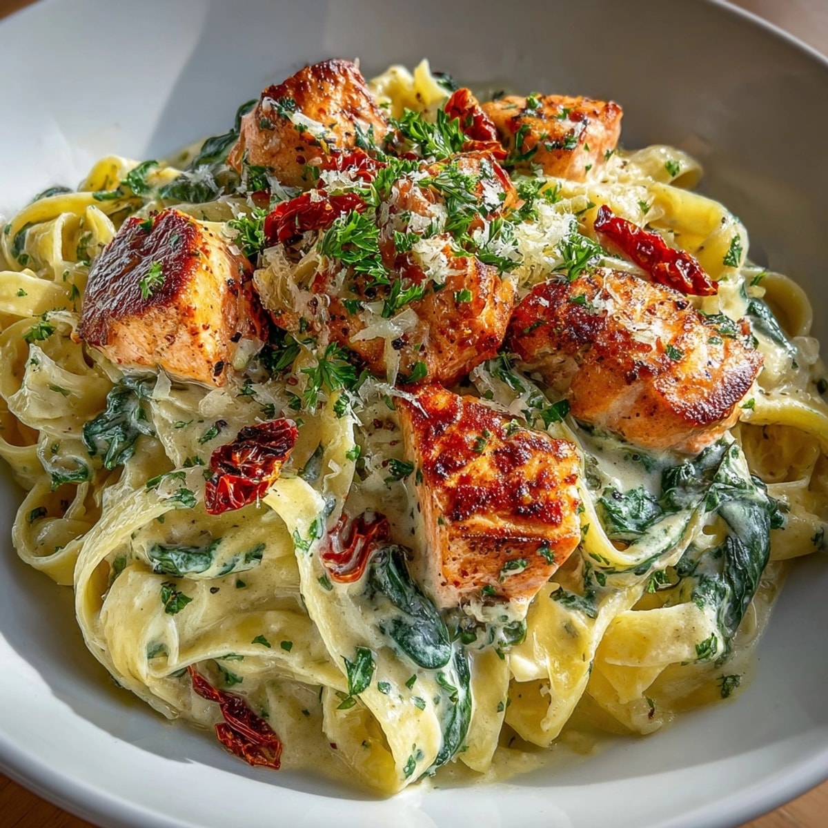 Creamy Tuscan Salmon Pasta served in a skillet, garnished with fresh parsley and parmesan cheese.