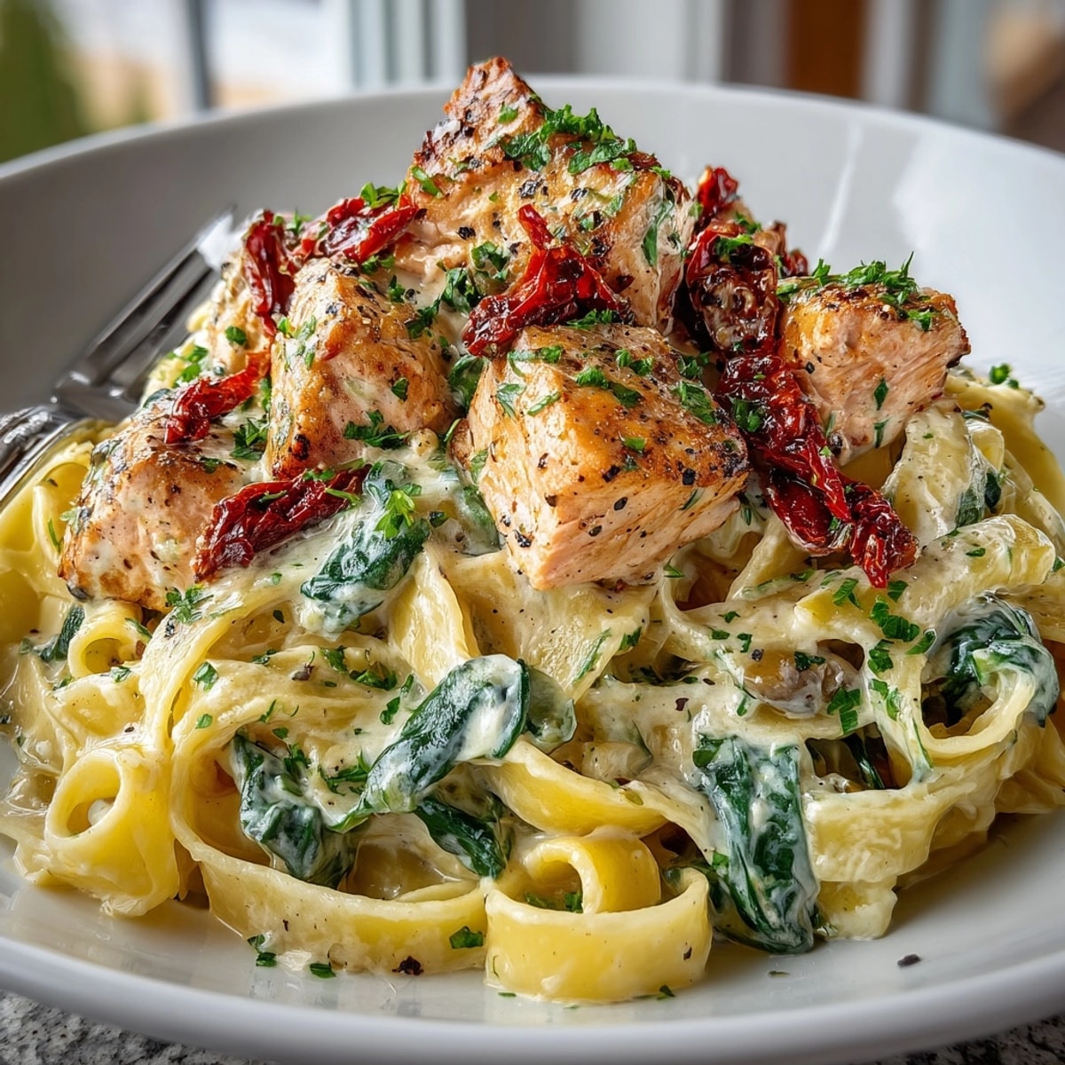 Close-up of fettuccine tossed with creamy Tuscan salmon, sun-dried tomatoes, and wilted spinach.