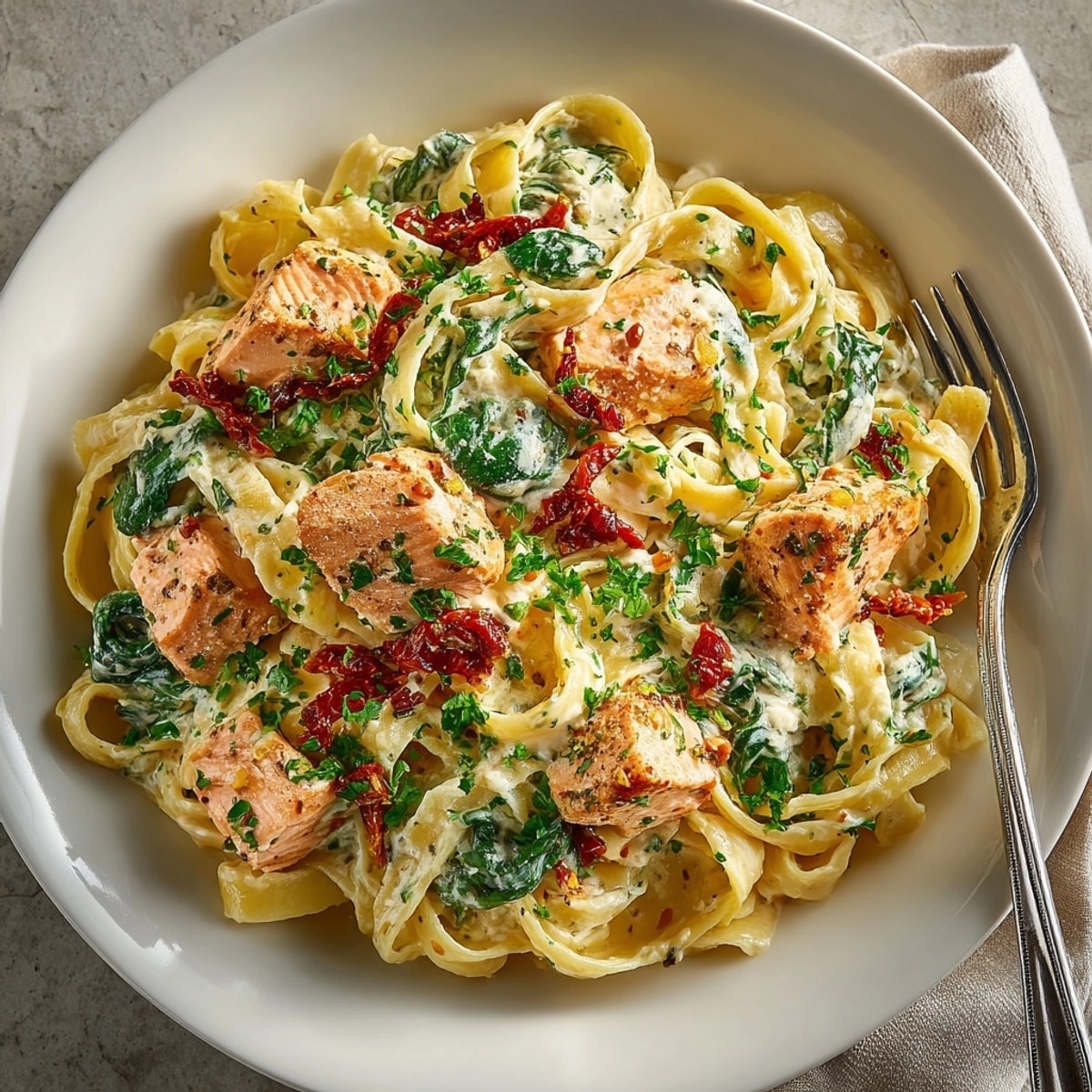 Hearty bowl of Creamy Tuscan Salmon Pasta with flaky salmon pieces in a rich, Italian-inspired sauce.