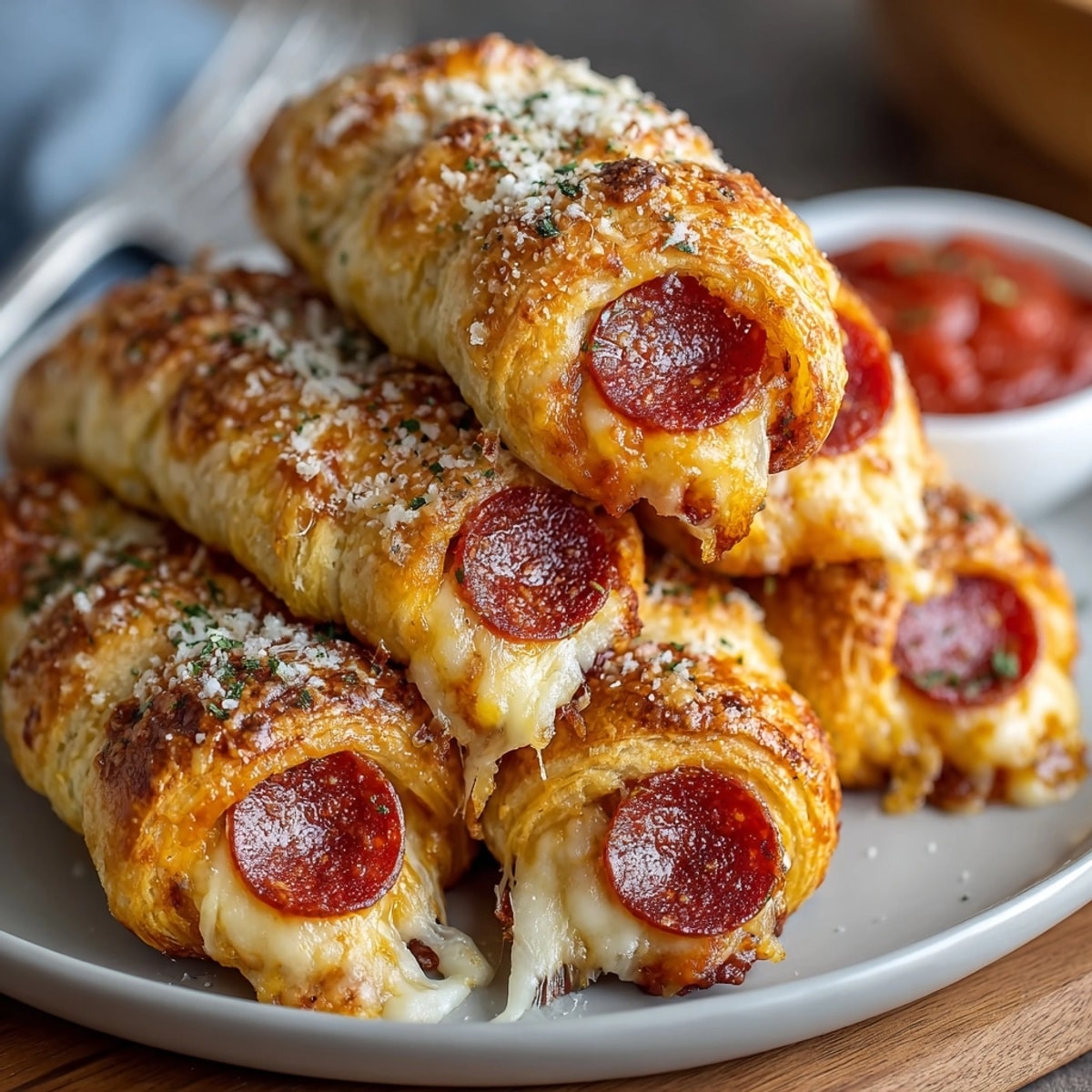 Freshly baked mozzarella pepperoni croissant rolls with golden crust and stretchy cheese, perfect for dipping.