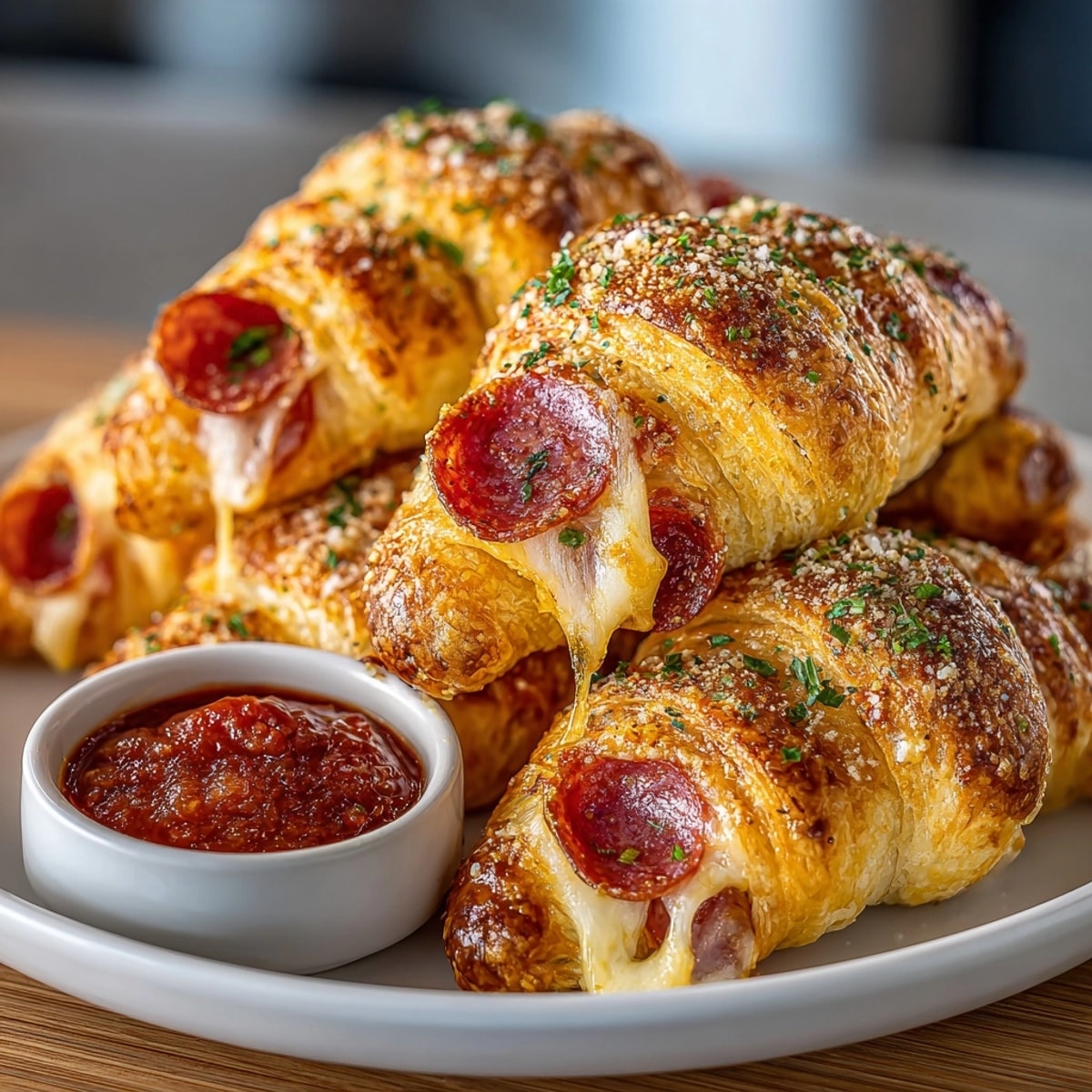 Mozzarella pepperoni croissant rolls arranged on a platter, buttery pastry oozing melted cheese and spices.