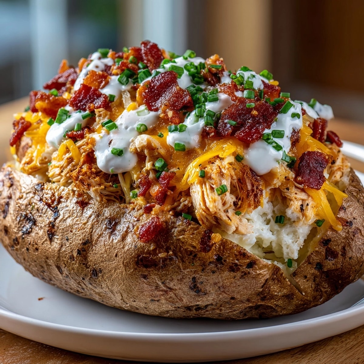 Crack Chicken Stuffed Baked Potatoes served hot, loaded with melted cheese and crispy bacon.