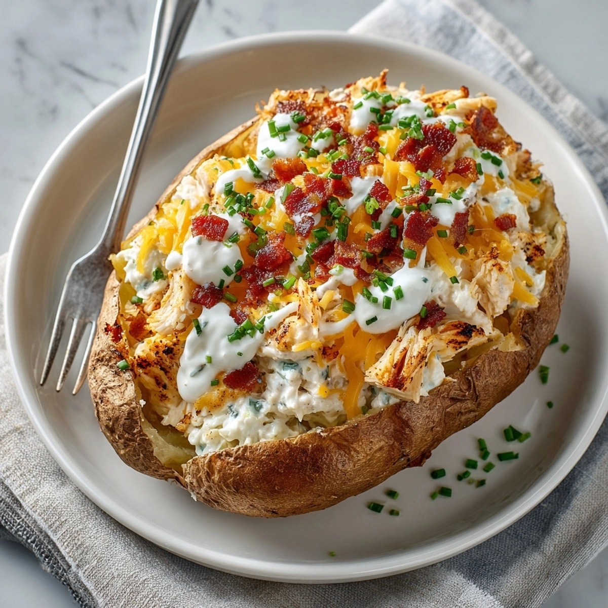 Cheesy crack chicken stuffed baked potatoes on a baking sheet with fresh chives and ranch drizzle.