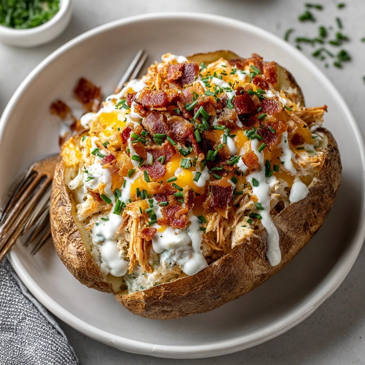Freshly baked russet potatoes stuffed with creamy crack chicken, golden cheddar, and savory bacon.