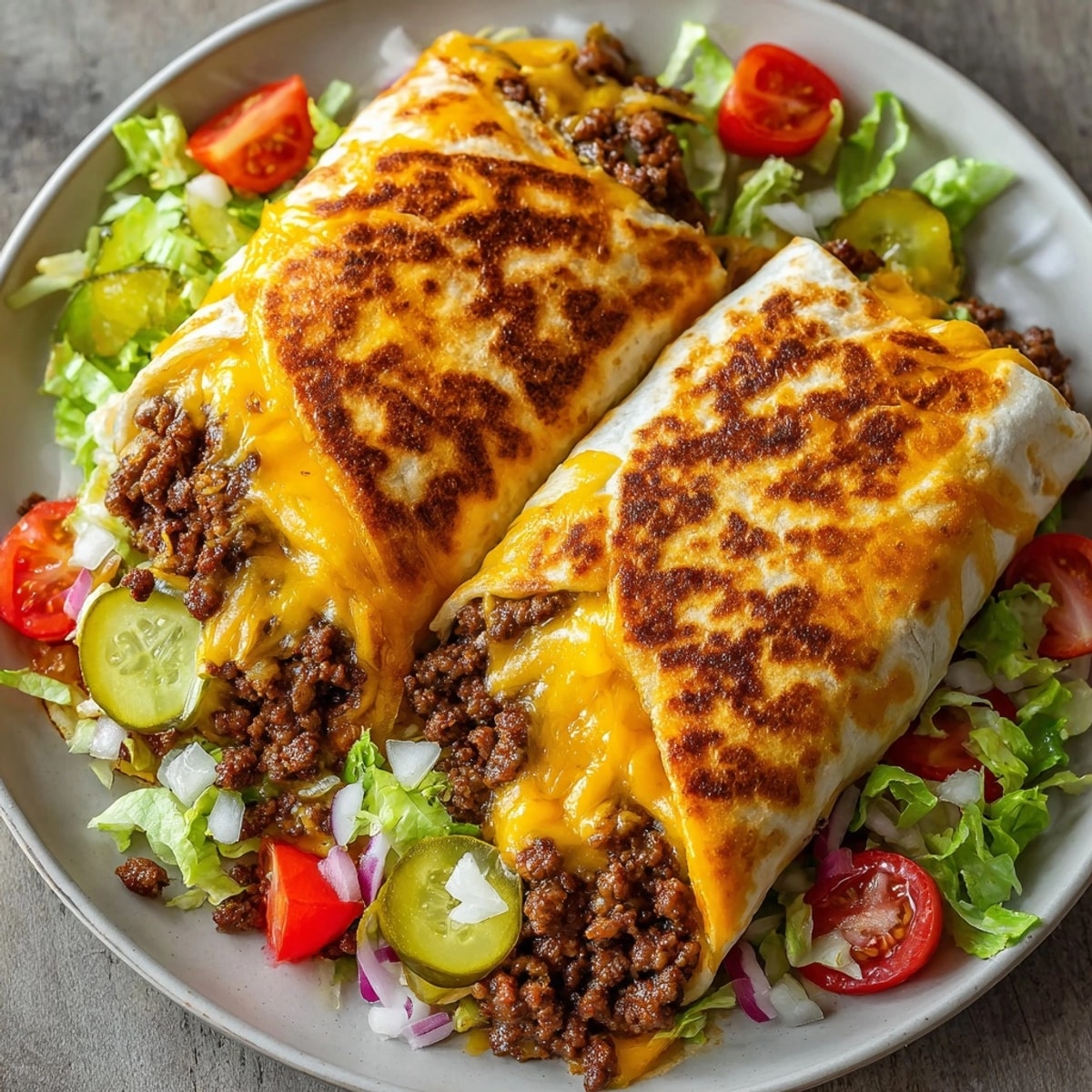 Huge Bacon Cheeseburger Burrito sliced open, showing juicy beef, melty cheese, and crisp bacon.