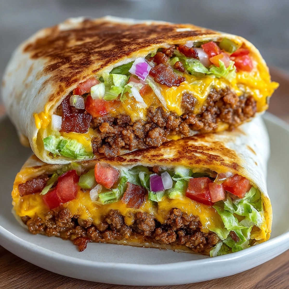 Freshly prepared Huge Bacon Cheeseburger Burrito served hot on a plate with lettuce and dipping sauce.
