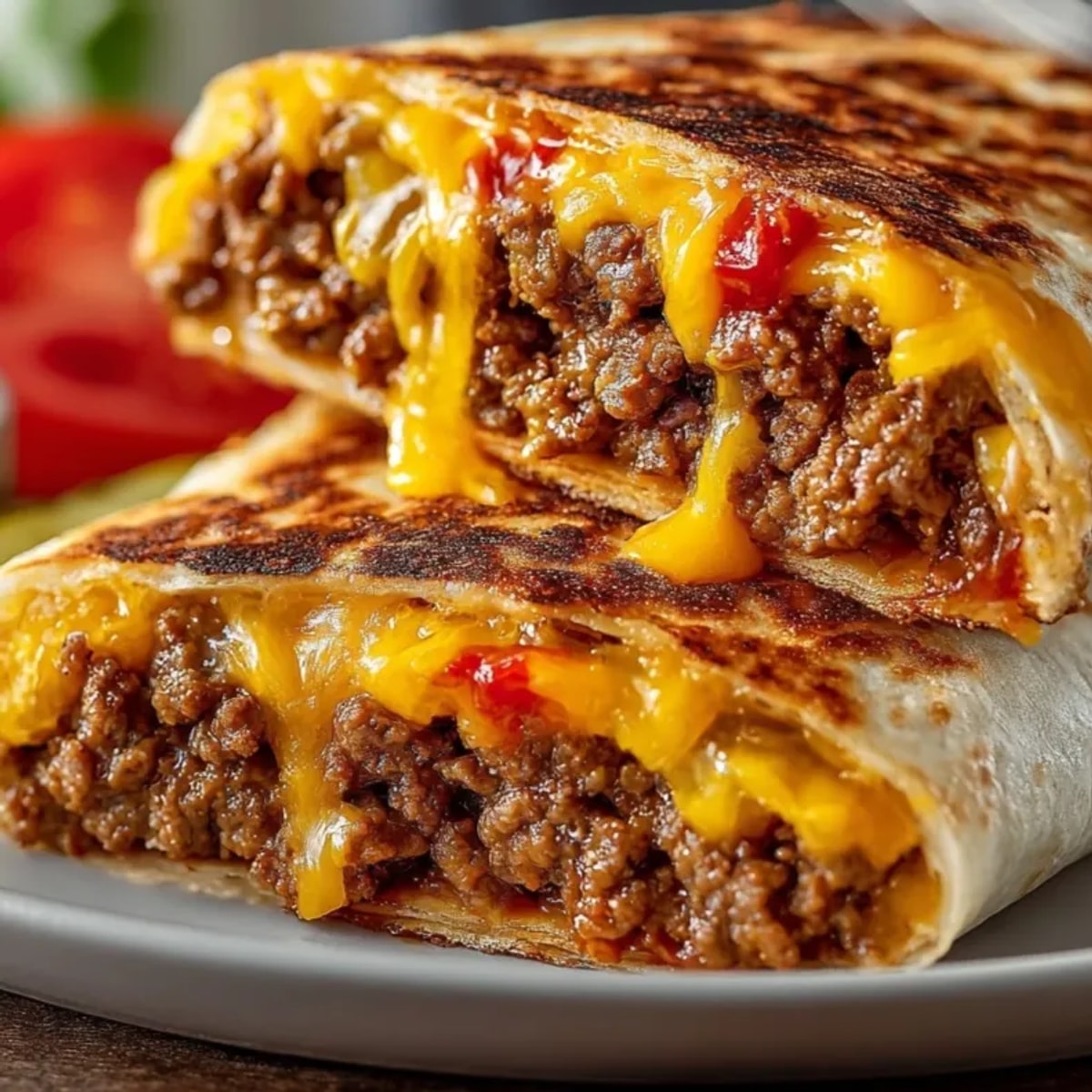 Grilled cheeseburger wraps sliced open, revealing melted cheddar, juicy beef, and fresh toppings.