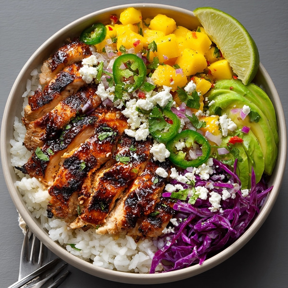 Freshly grilled Mango Jalapeño Chicken Bowl with juicy mango salsa, aromatic rice.