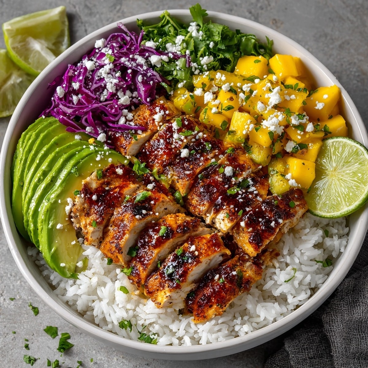 Easy, gluten-free Mango Jalape&ntilde;o Chicken Bowl recipe; grilled chicken atop vibrant rice.