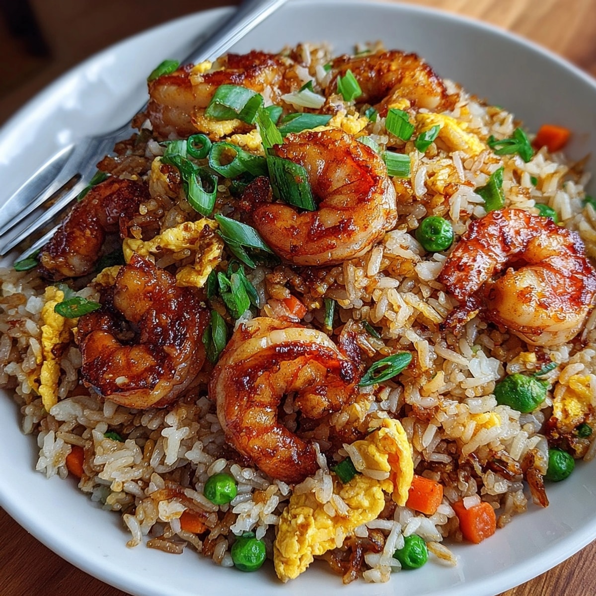 Golden Shrimp Fried Garlic Rice glistens, shrimp tucked among colorful veggies.