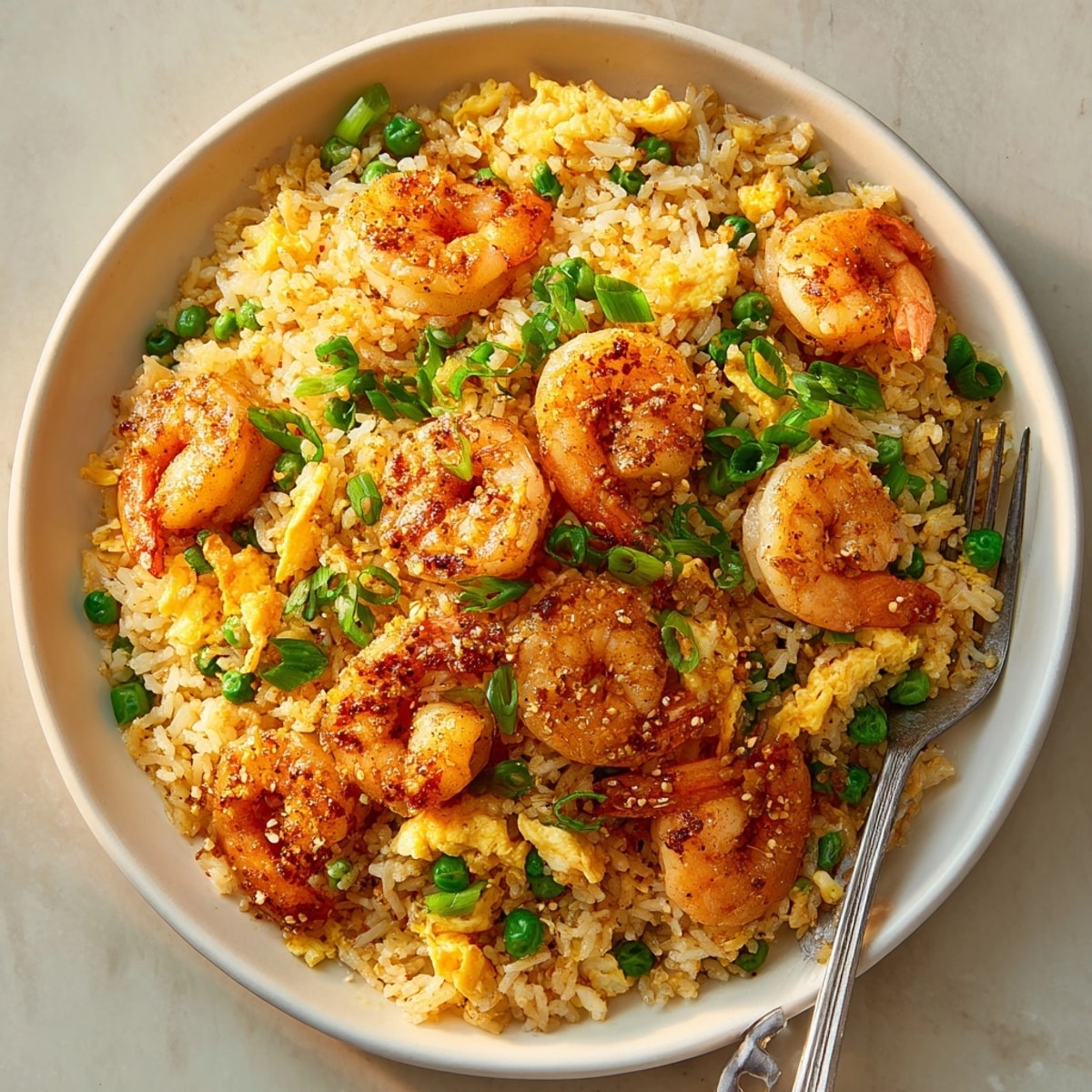 Vibrant, fragrant Shrimp Fried Garlic Rice topped with green onion, ready to eat.