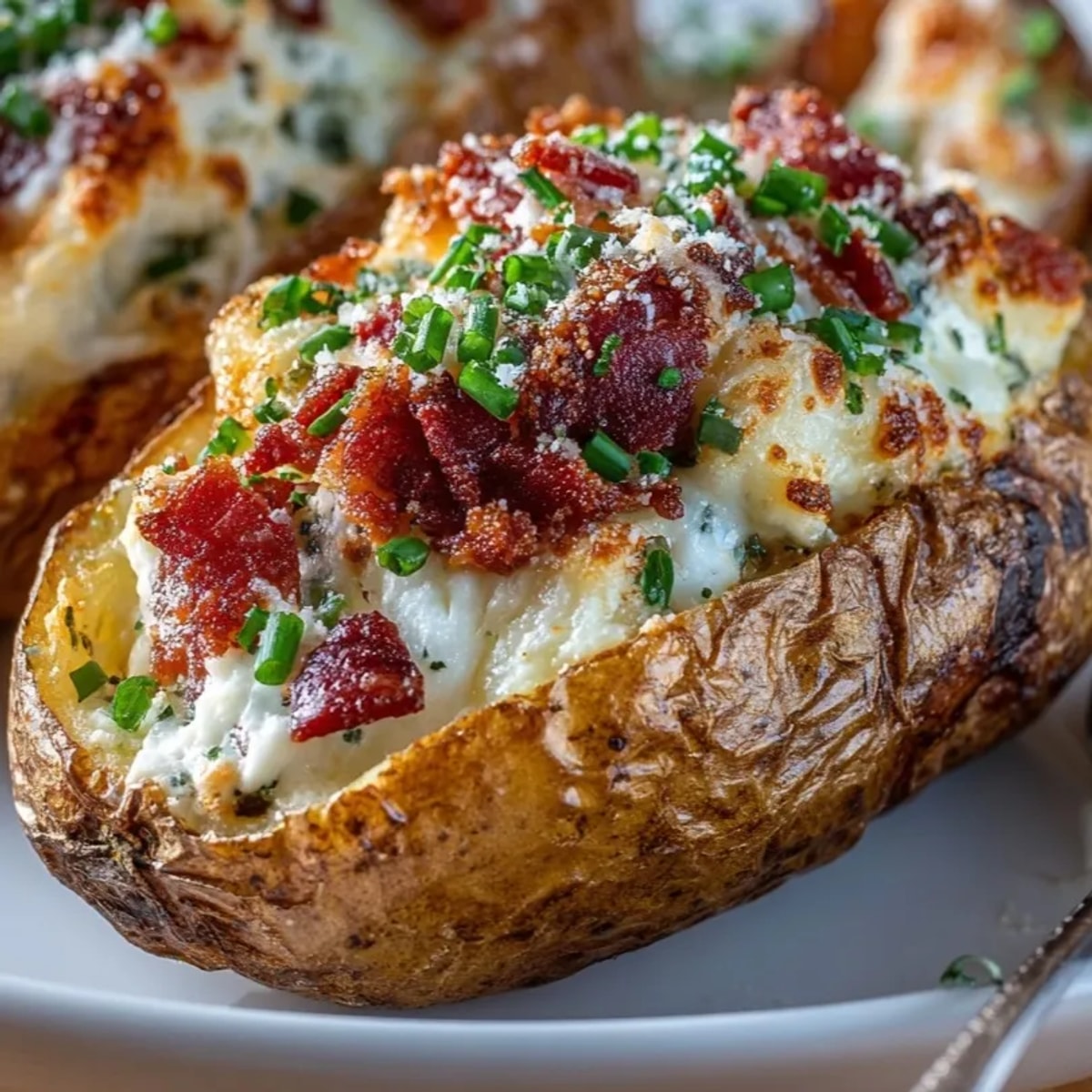Golden Alfredo Bacon Potato Skins, bubbling with cheese, a savory appetizer fresh from the oven.