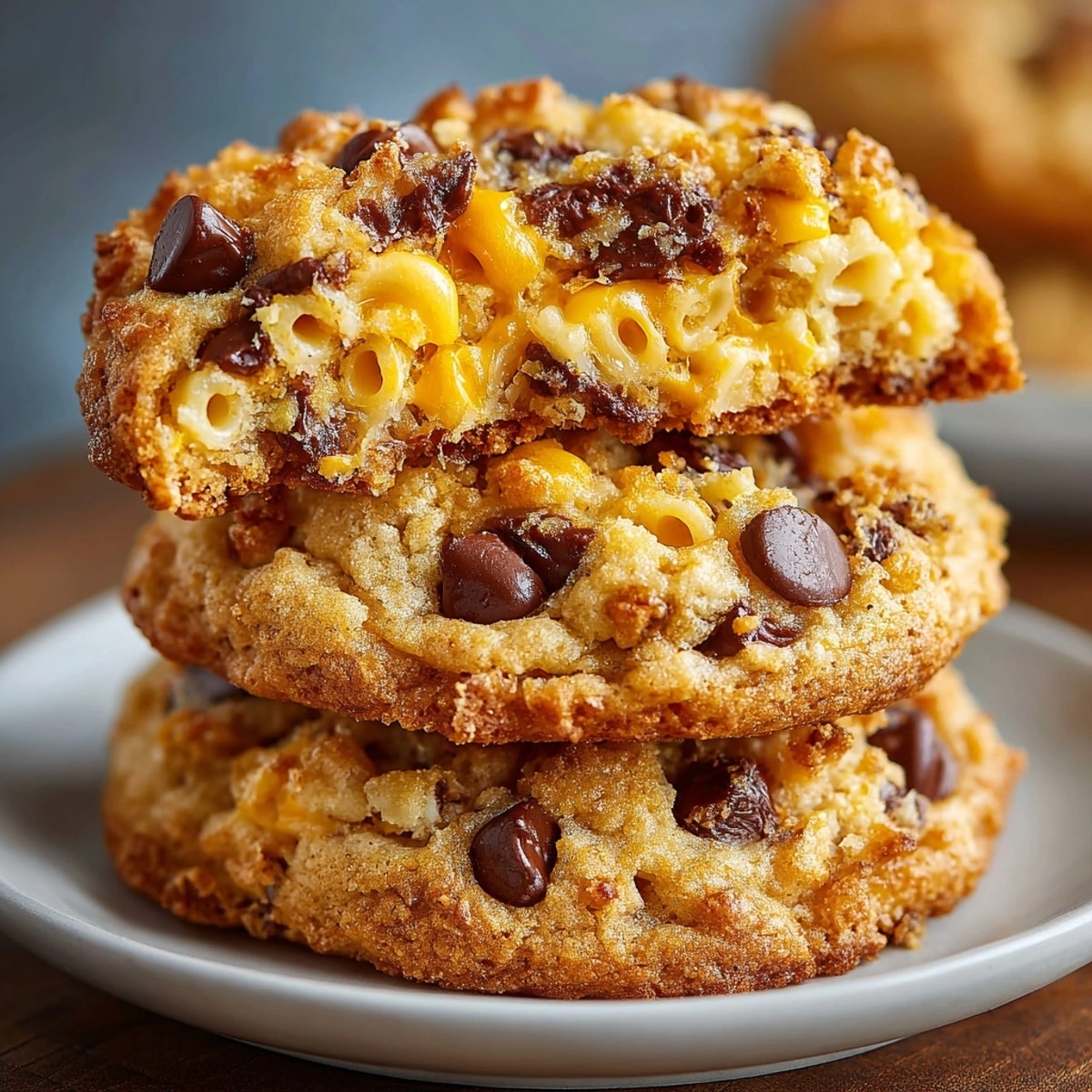 Close-up of Chocolate Chip Mac and Cheese Cookies, golden brown, fresh from the oven.