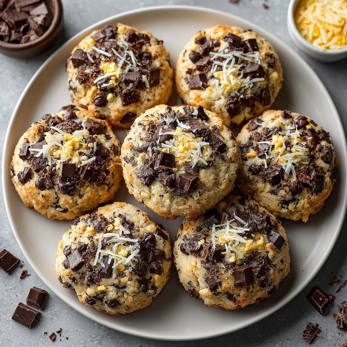 Savory-sweet Chocolate Chip Mac and Cheese Cookies with visible cheese macaroni and chocolate chips.
