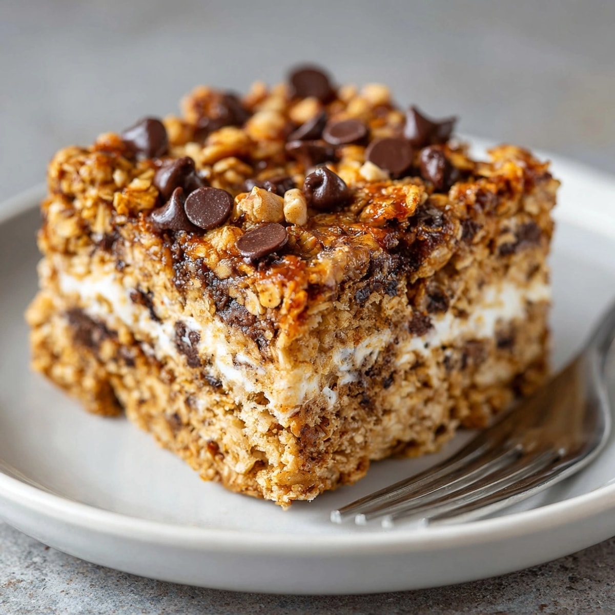 Golden-baked Protein Oat Breakfast Squares, warm from the oven, studded with chocolate chips.