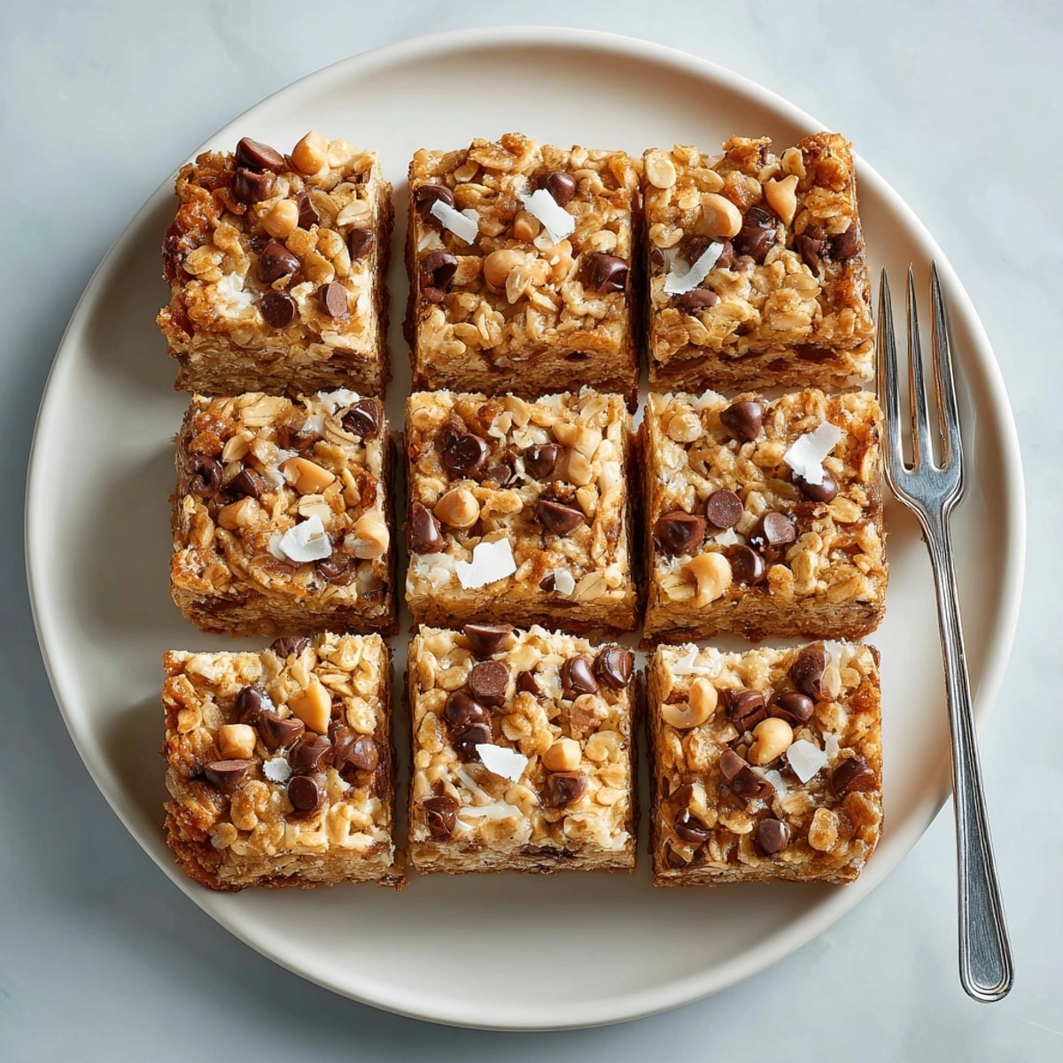 Close-up view of sliced Protein Oat Breakfast Squares, revealing a textured, wholesome treat.