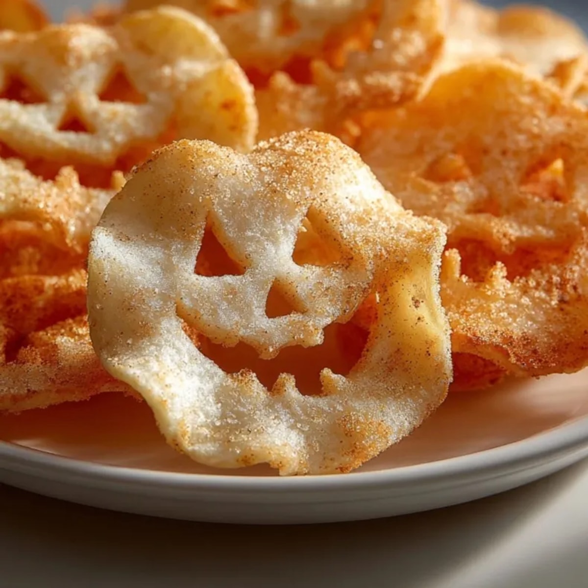 Golden brown Air Fryer Apple Chips, carved with spooky faces, cooling on a rack.