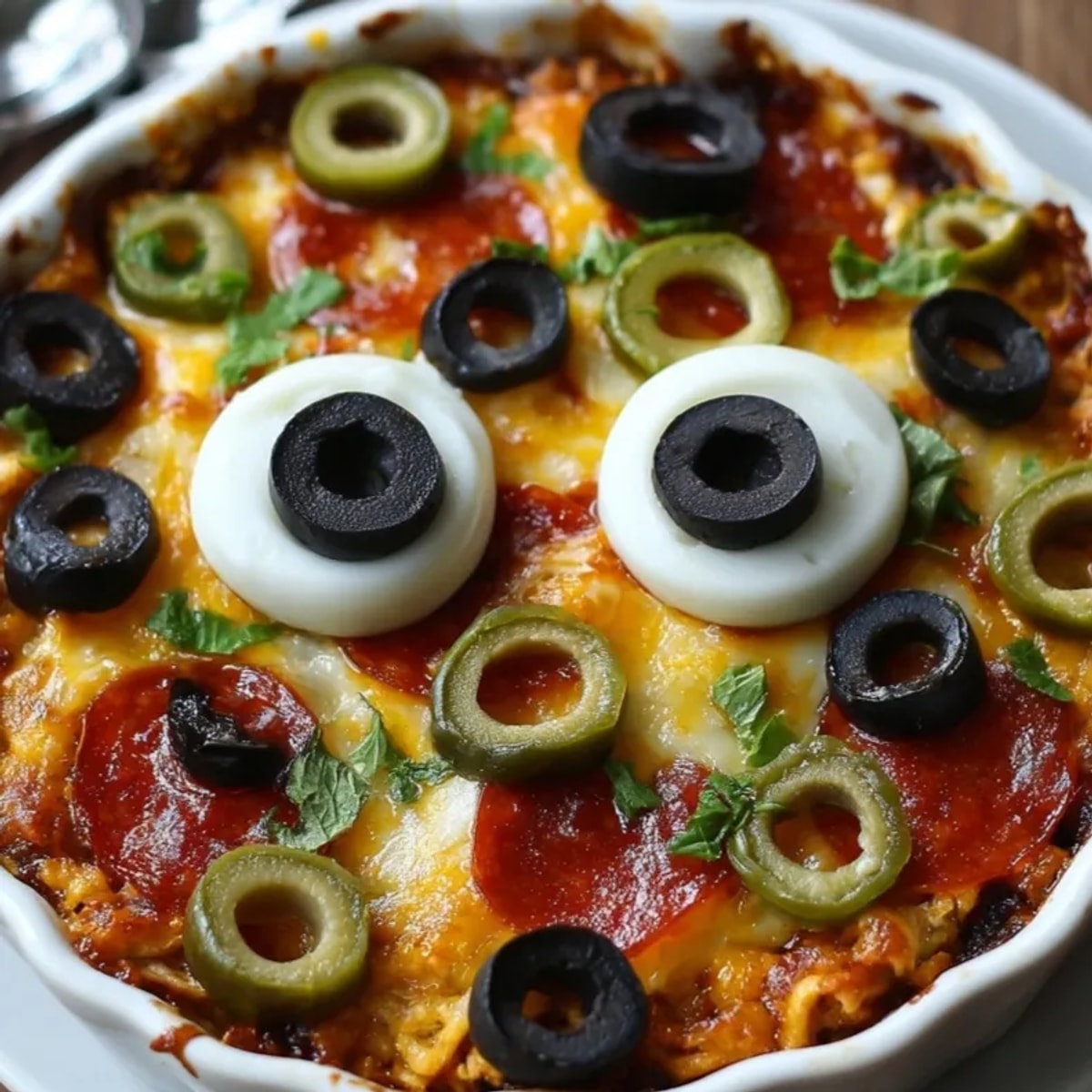 Close-up of Eerie Eyeball Pizza Dip: bubbly mozzarella with spooky olive eyes staring out.