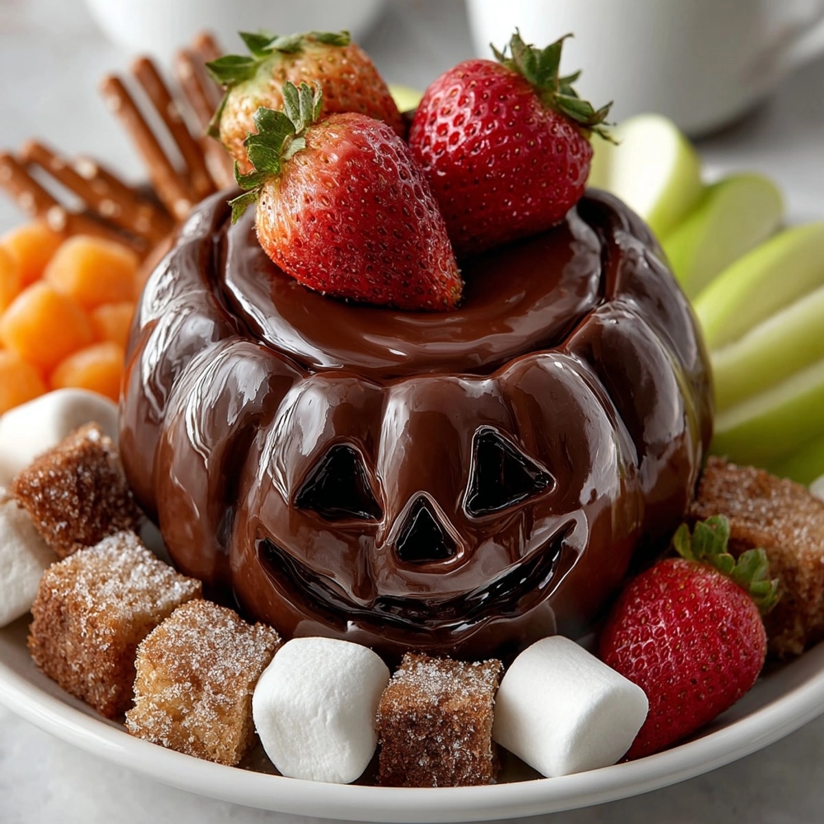Rich Jack-o'-Lantern Chocolate Fondue in a carved pumpkin, ready for dipping treats.