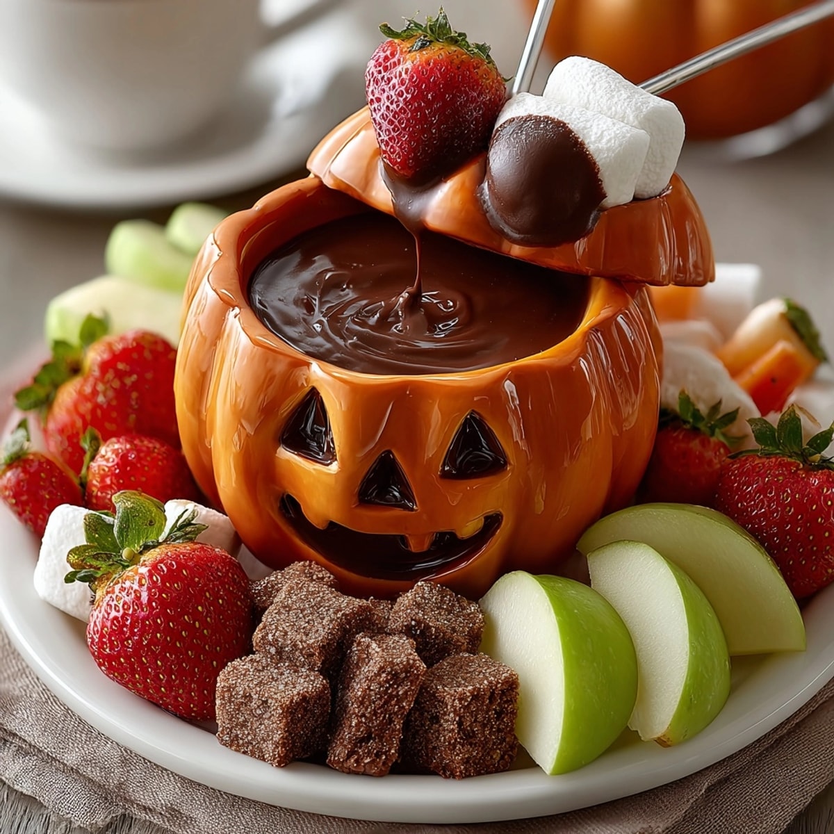 Warm, decadent Jack-o'-Lantern Chocolate Fondue being served at a fun Halloween party.