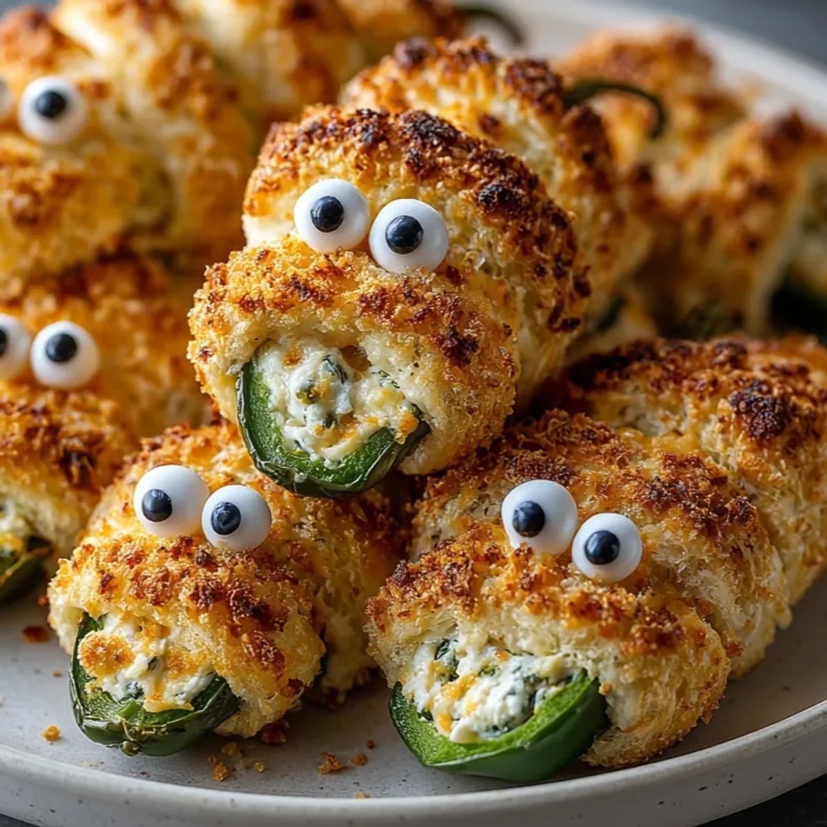 Creamy Mummy Jalapeño Poppers: Cheesy, spicy jalapeños wrapped in golden, flaky dough, ready to serve.