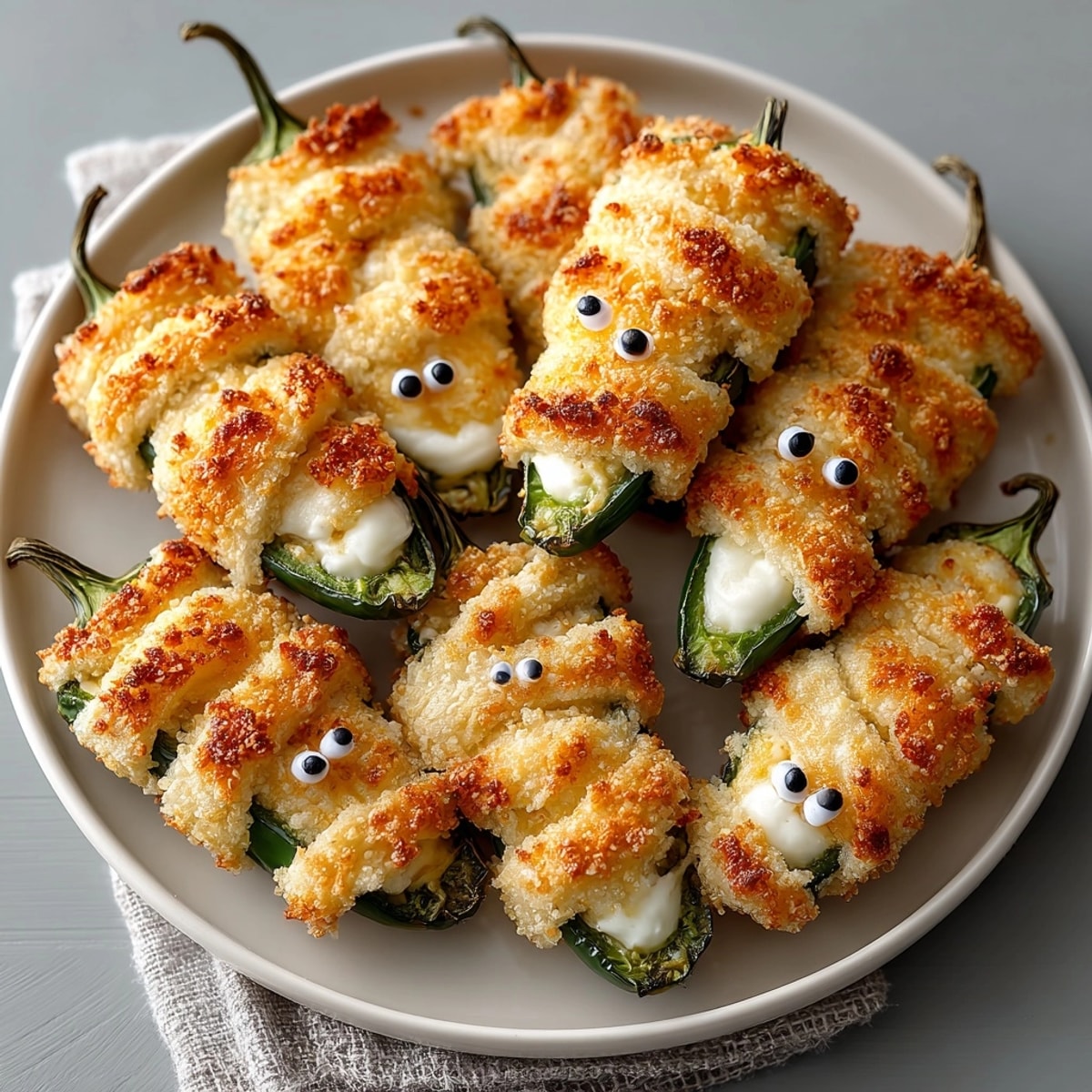 Homemade Mummy Jalape&amp;ntilde;o Poppers, a fun Halloween appetizer, warm from the oven.