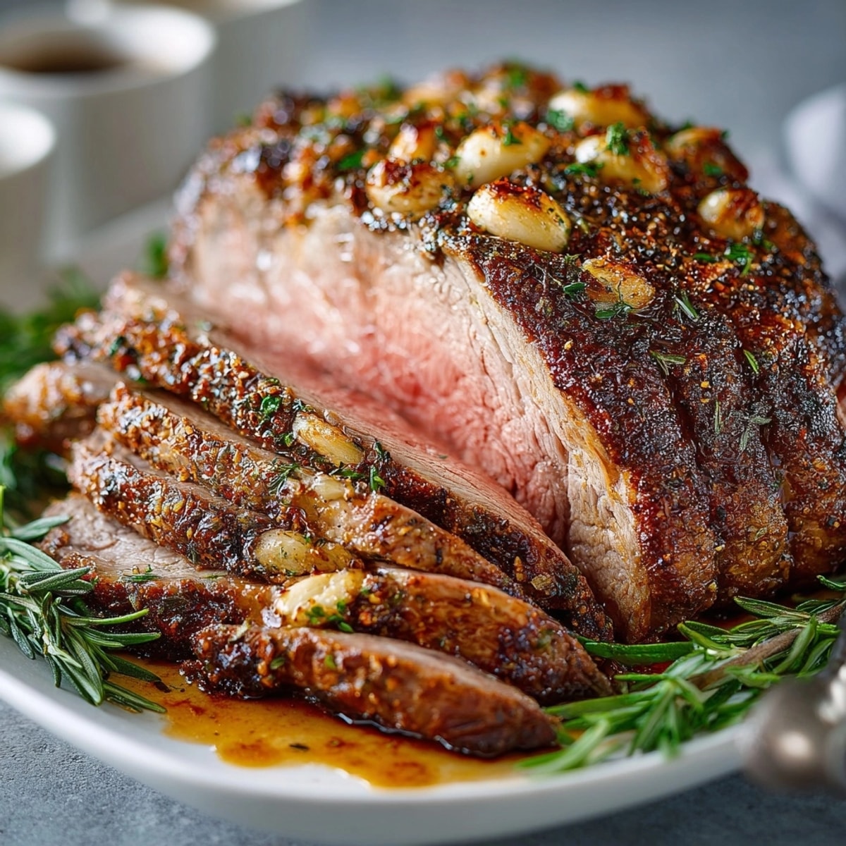 Close-up of savory Roasted Garlic &amp; Rosemary Prime Rib, glistening with flavorful au jus.