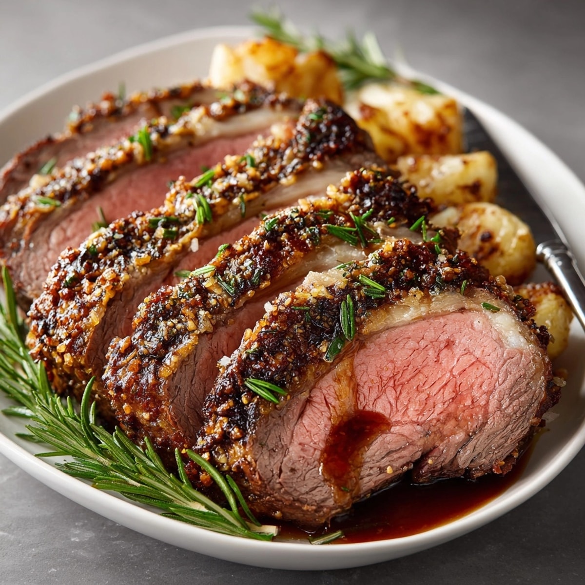 Serving suggestion: Carved Roasted Garlic &amp; Rosemary Prime Rib alongside green vegetables and horseradish.