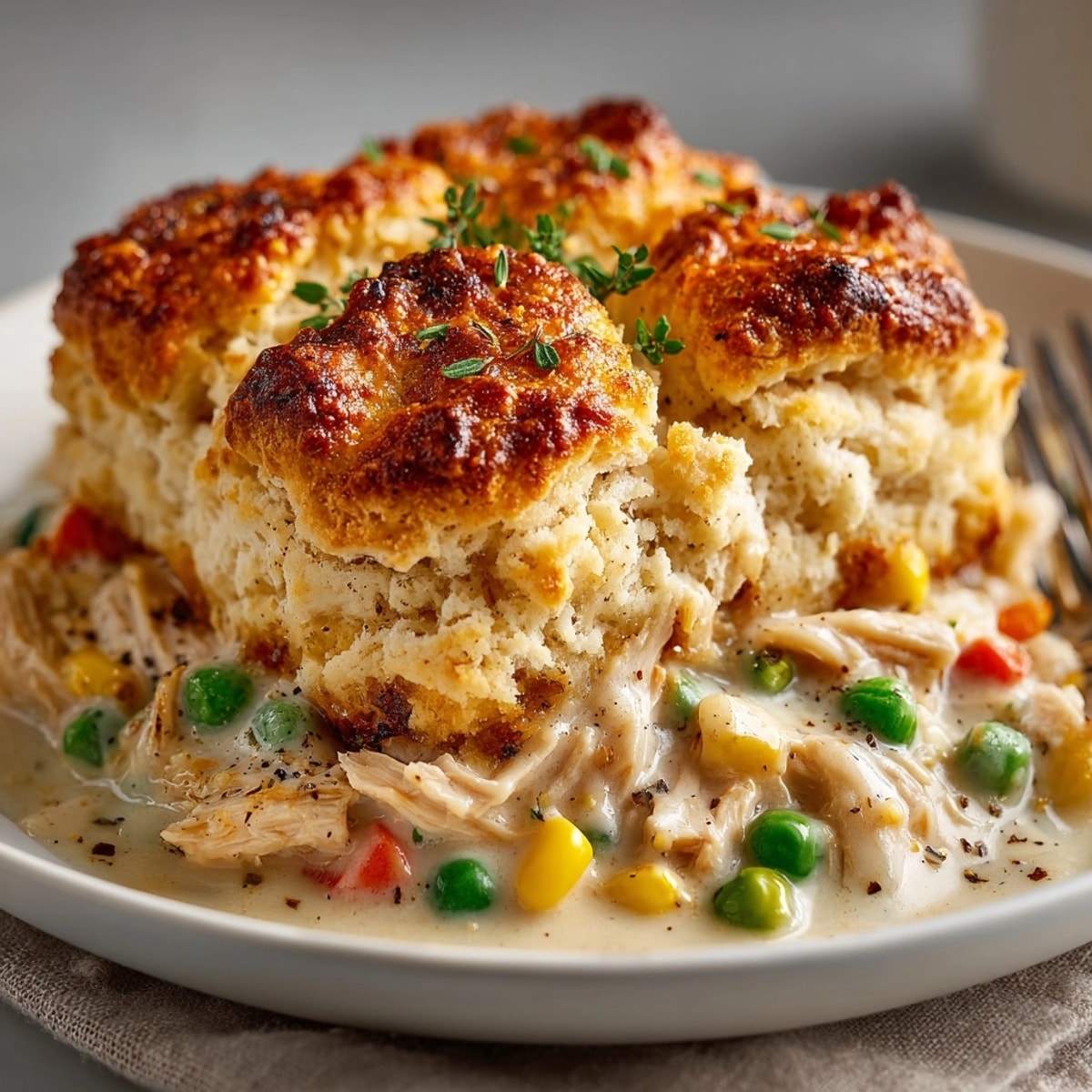 Golden Chicken Cobbler Express, bubbling hot with tender chicken and flaky biscuits.