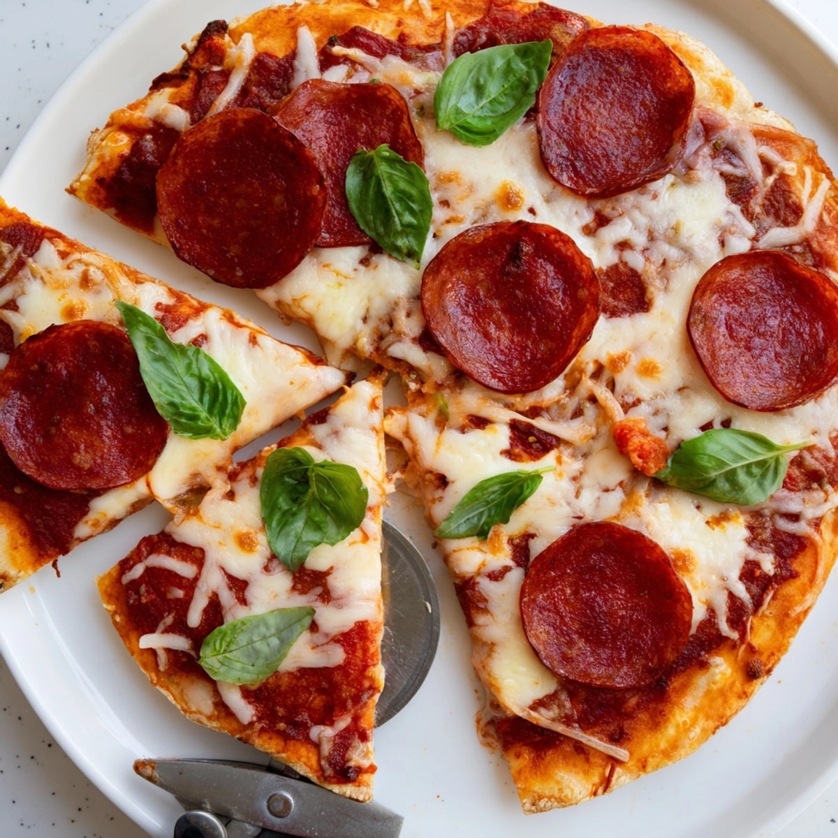 Pepperoni pizza with bubbly mozzarella and a crisp crust, ready to slice and enjoy.