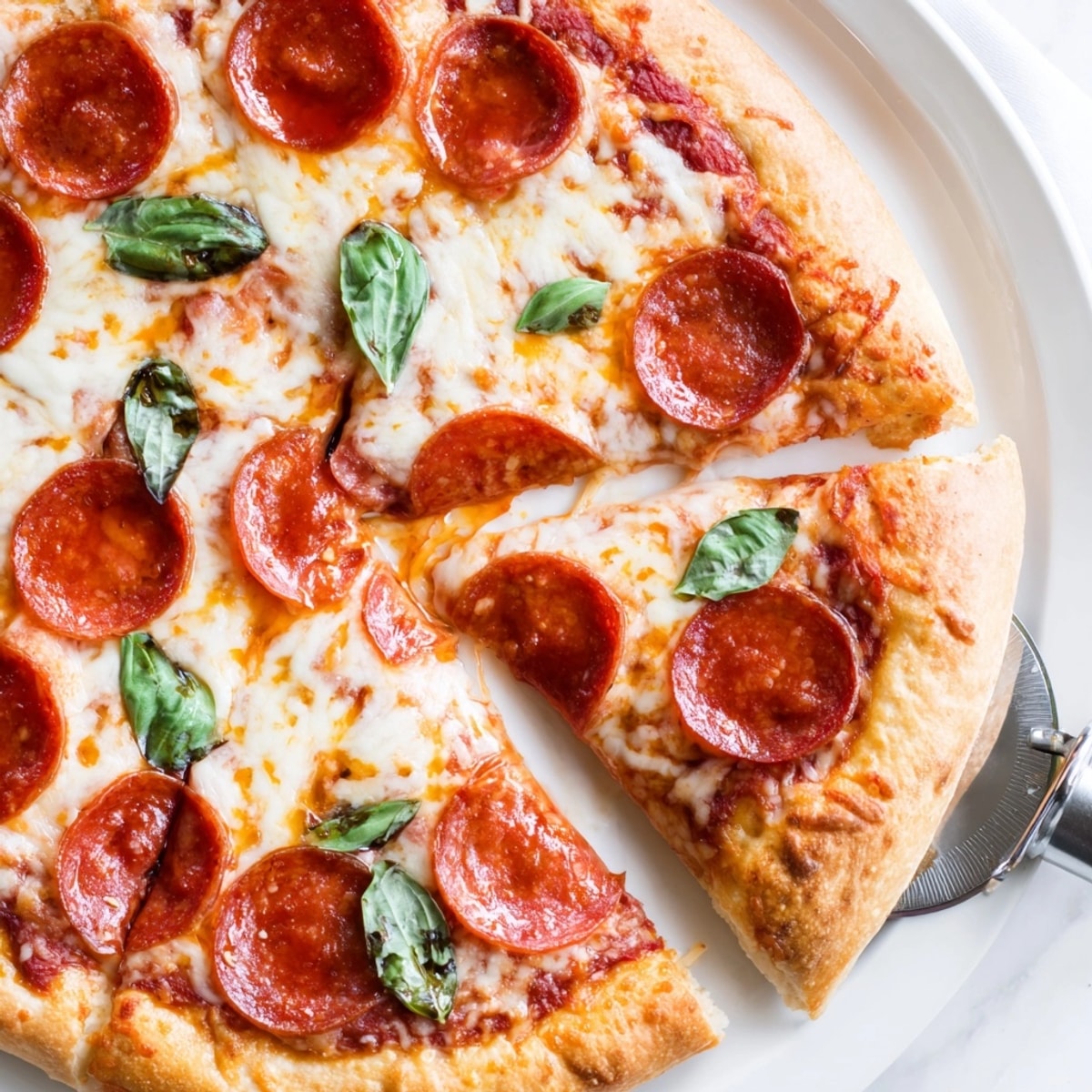 Homemade pepperoni pizza recipe served on a wooden board, perfect for a casual weeknight dinner.