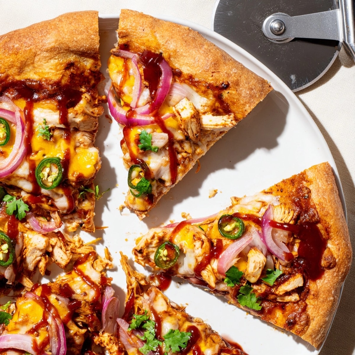 Close-up of a freshly baked BBQ Chicken Pizza with cilantro garnish, ready to eat.https://cdn.midjourney.com/839a6f86-4da6-4c71-a686-945ddd575edb/0_3.webp