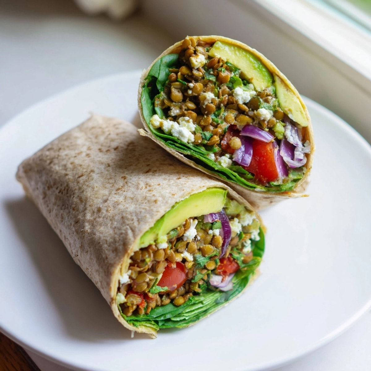Golden brown Avocado Lentil Breakfast Wrap, filled with creamy avocado and hearty lentils.