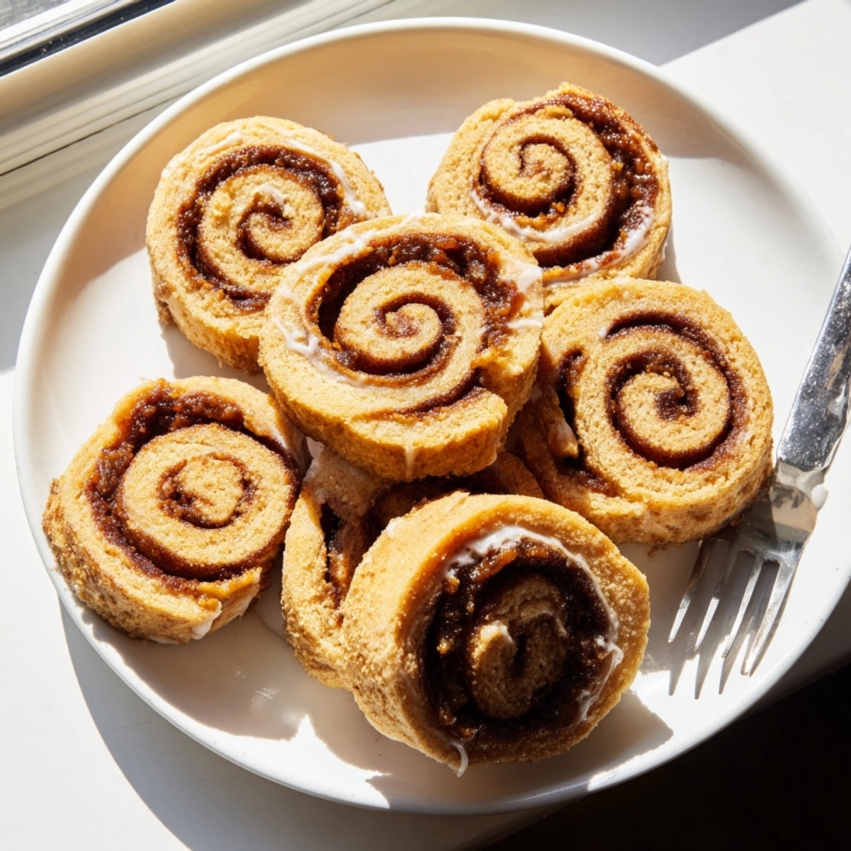 Golden Peanut Butter Cinnamon Roll Cookies glistening with icing, ready to serve.