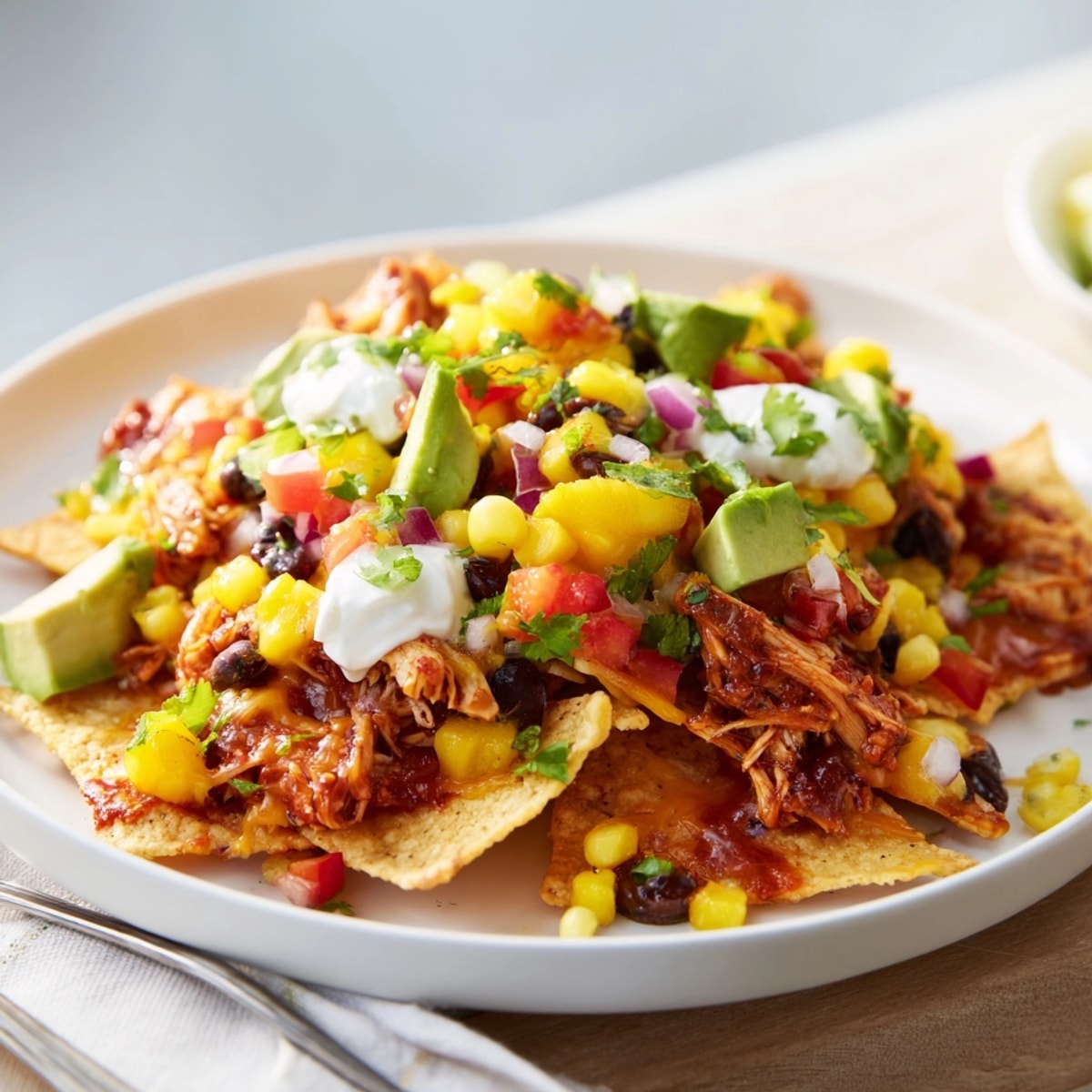 Golden, cheesy Mango Salsa BBQ Chicken Nachos baking sheet, ready for game night.
