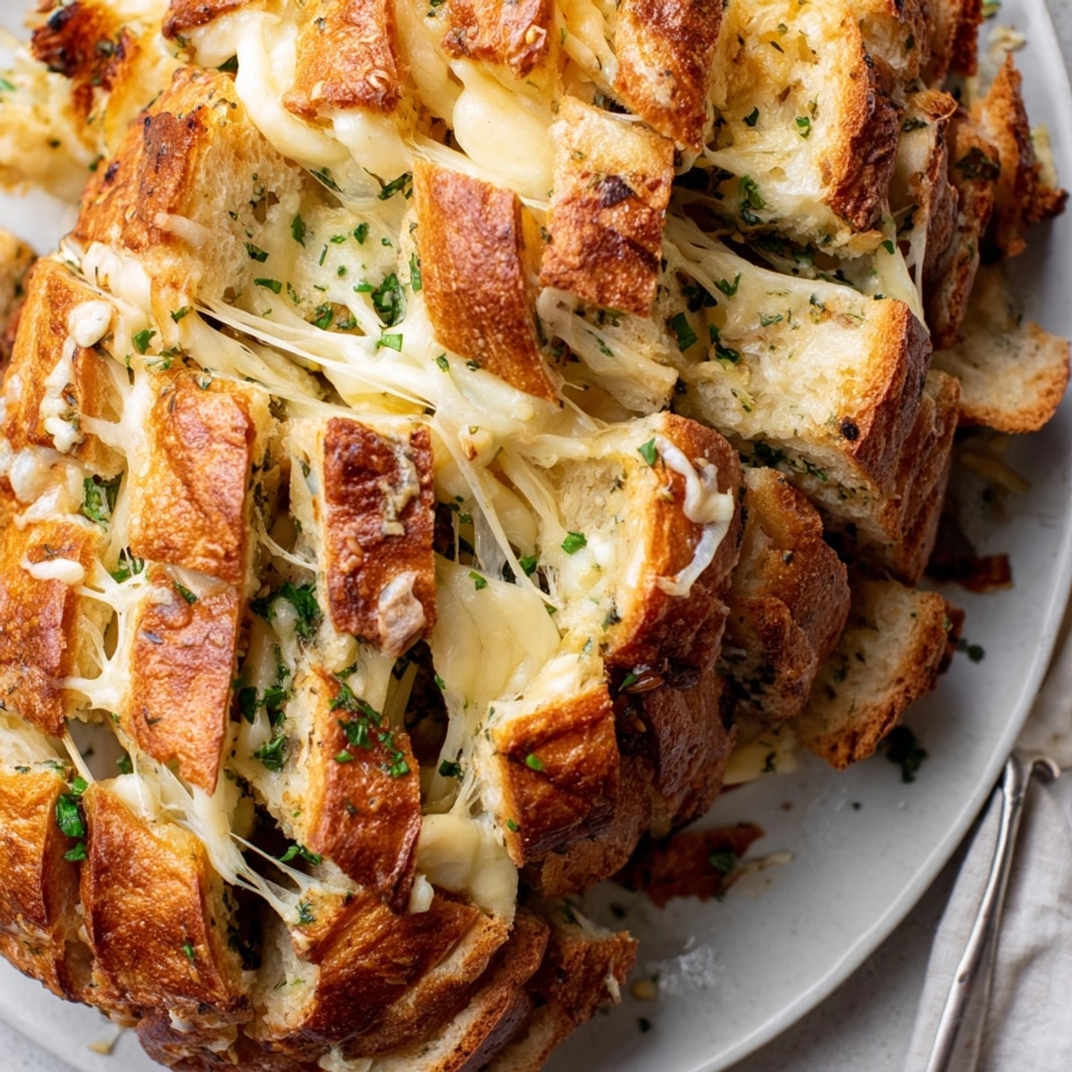 Golden, bubbly Garlic Herb Cheesy Pull Apart Loaf with melted mozzarella and parmesan.