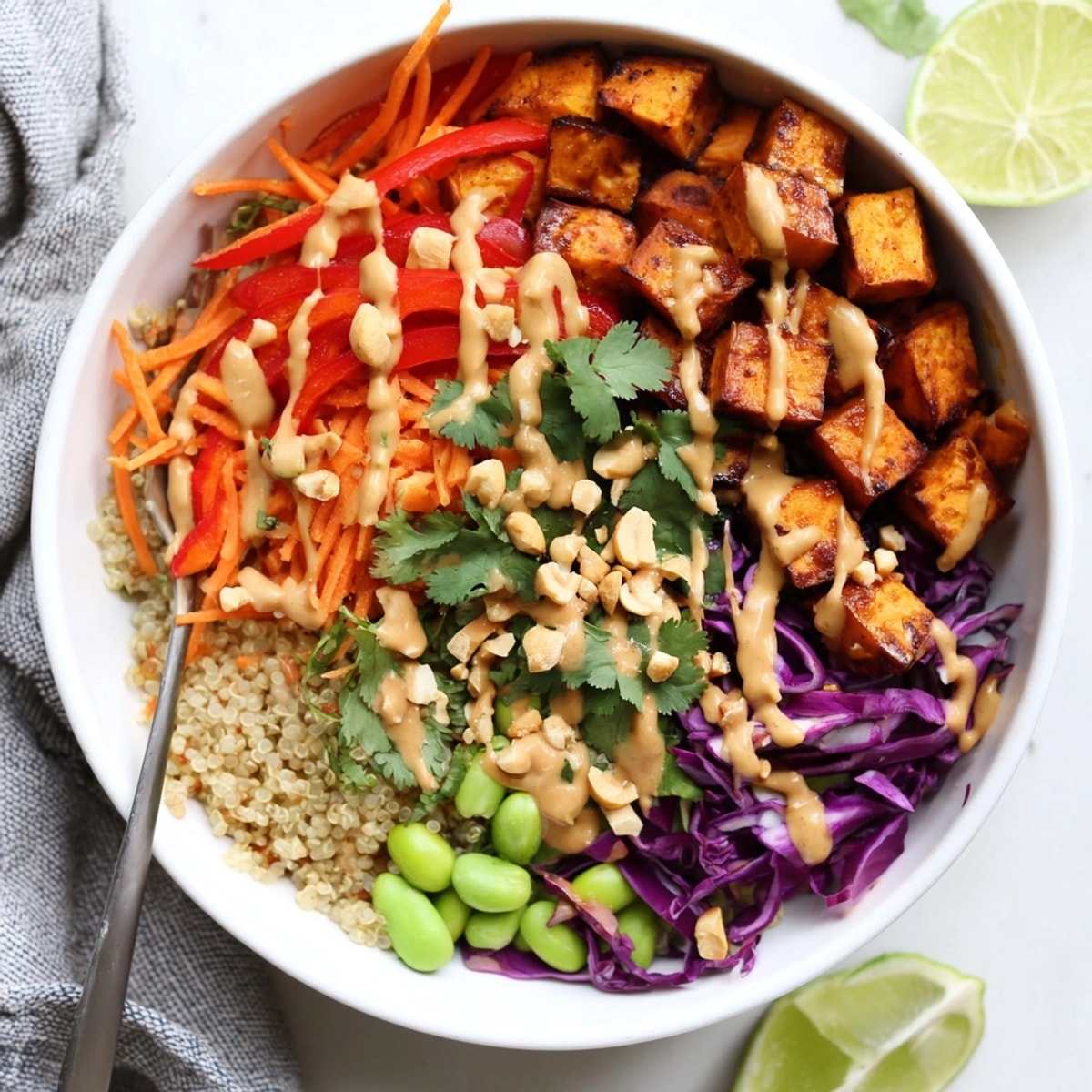 Creamy Thai Peanut Roasted Sweet Potato Bowl with quinoa, cabbage, and crunchy peanuts.